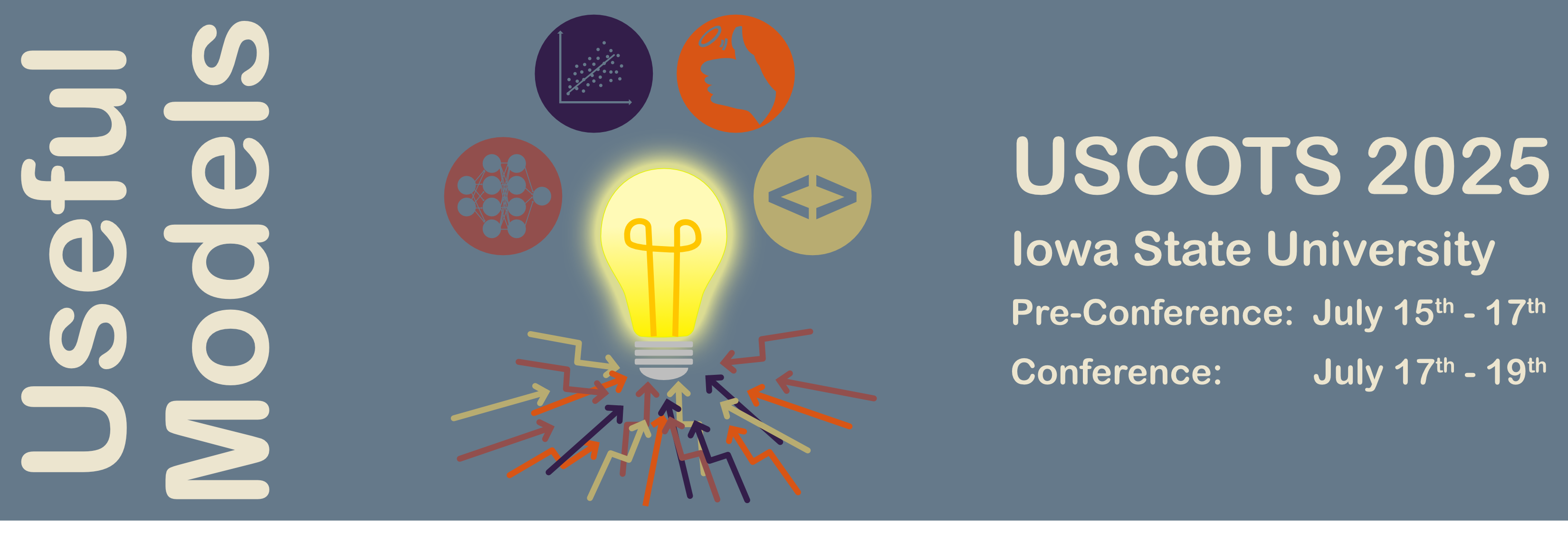 Theme of useful models visualized as a bunch of ideas going into a light bulb and models displayed are a neural network, simple linear regression, coin flip, and code.  USCOTS 2025 at Iowa State University.  Pre-conference: July 15th - 17th and Conference: July 17th - 19th.