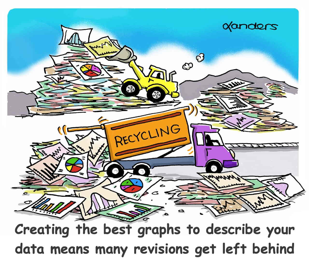 cartoon showing a recycling plant where all of items are graphs. Caption says:  Creating the best graphs to describe your data means many revisions get left behind