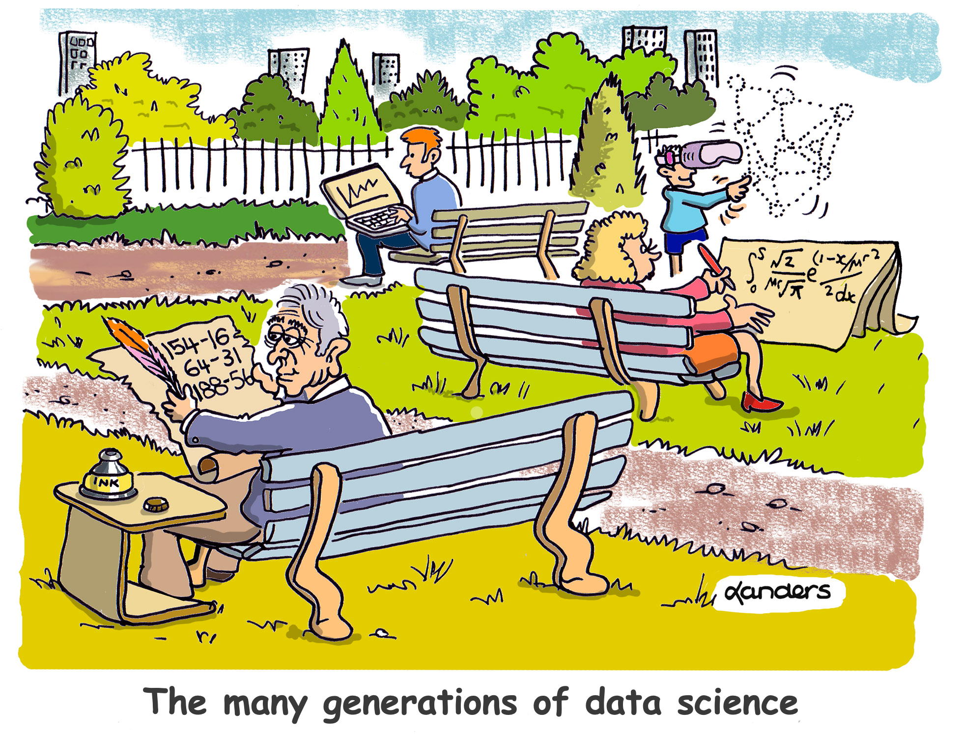 cartoon showing changes in data approaches across generations