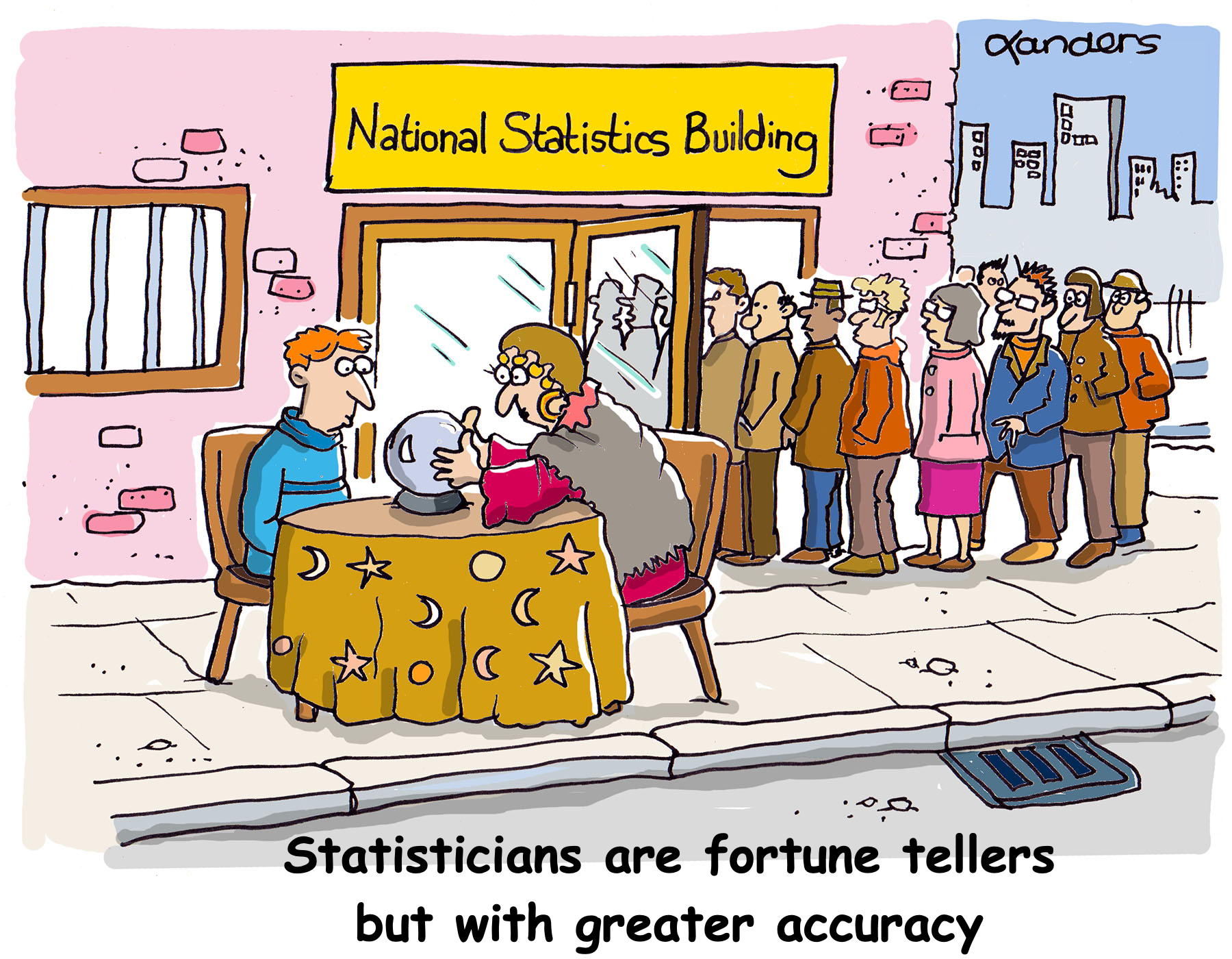 Cartoon with fortune teller and statisticians