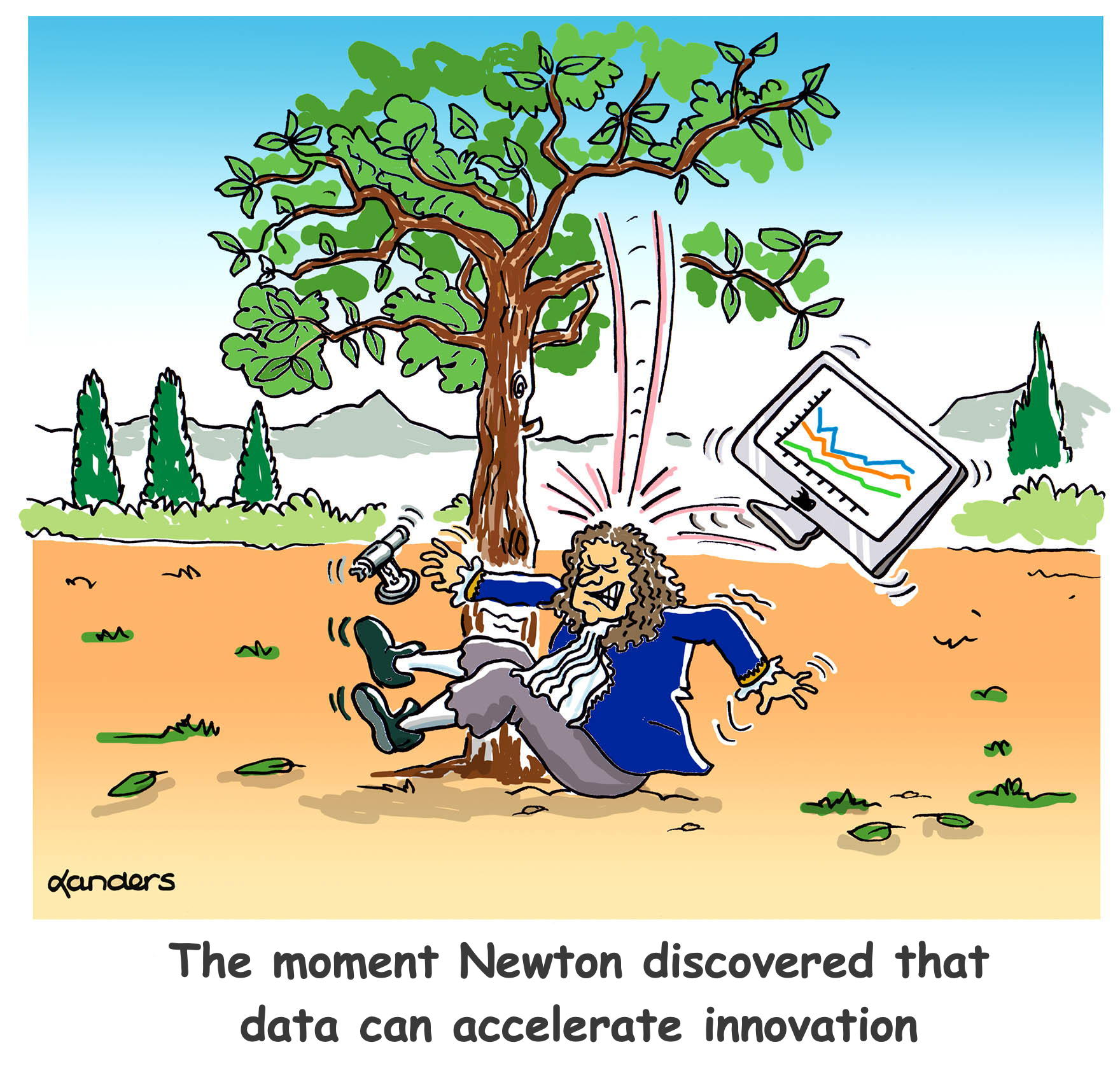 Cartoon with Isaac Newton apple tree fable (but apple is a computer)