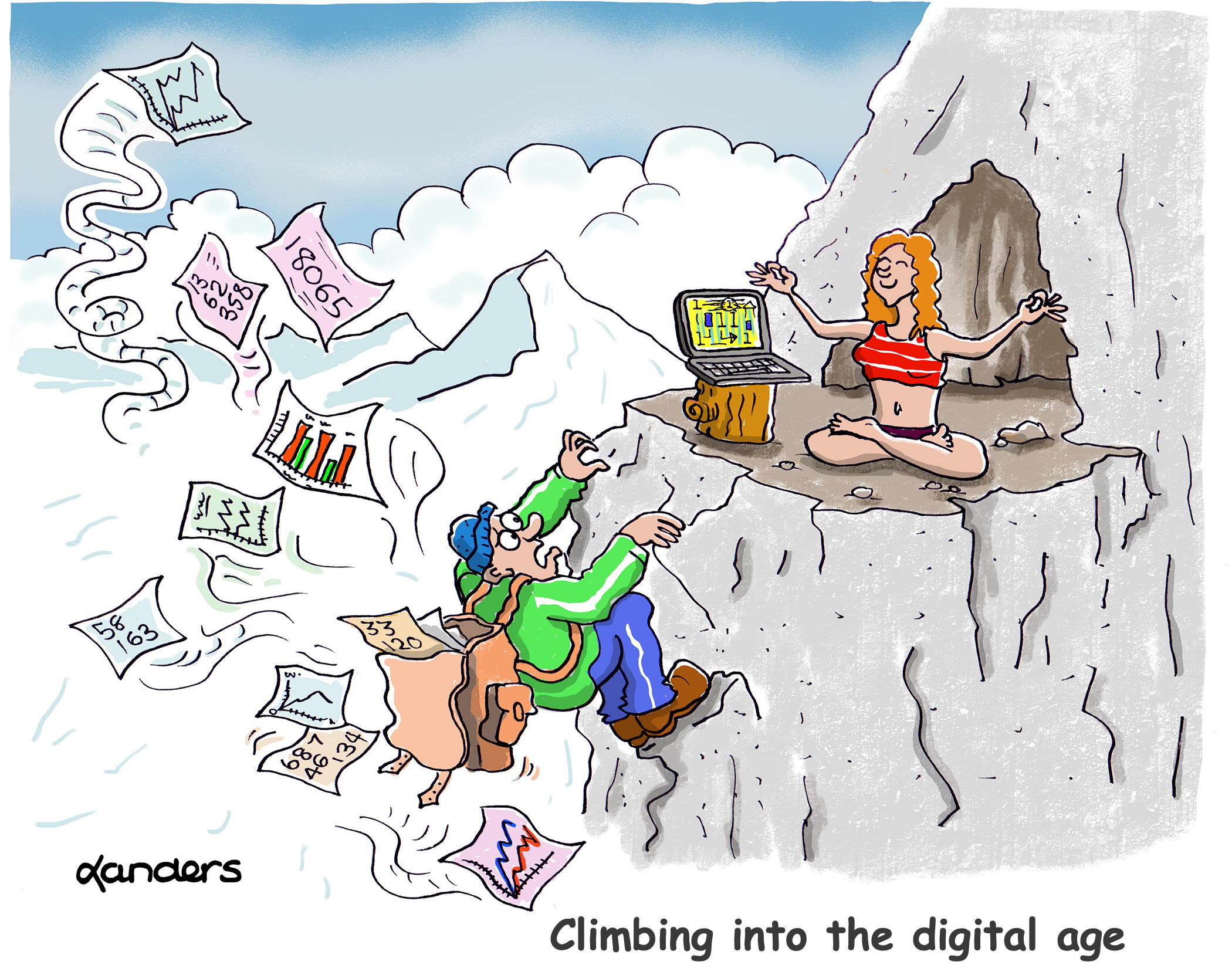 Cartoon of man climbing mountain to see Guru (data and graphs coming out of backpack)