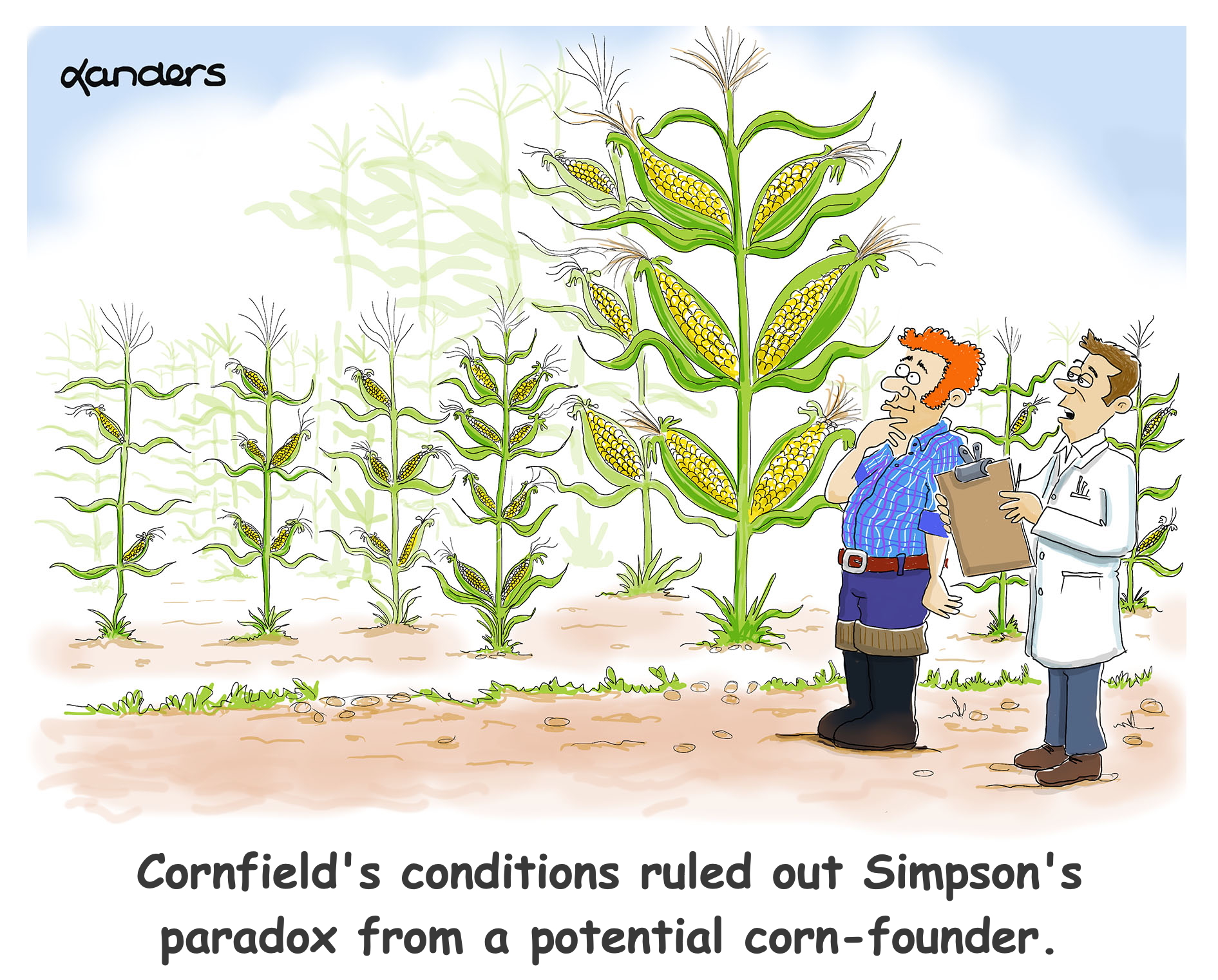 Cartoon showing corn field with one row of huge corn