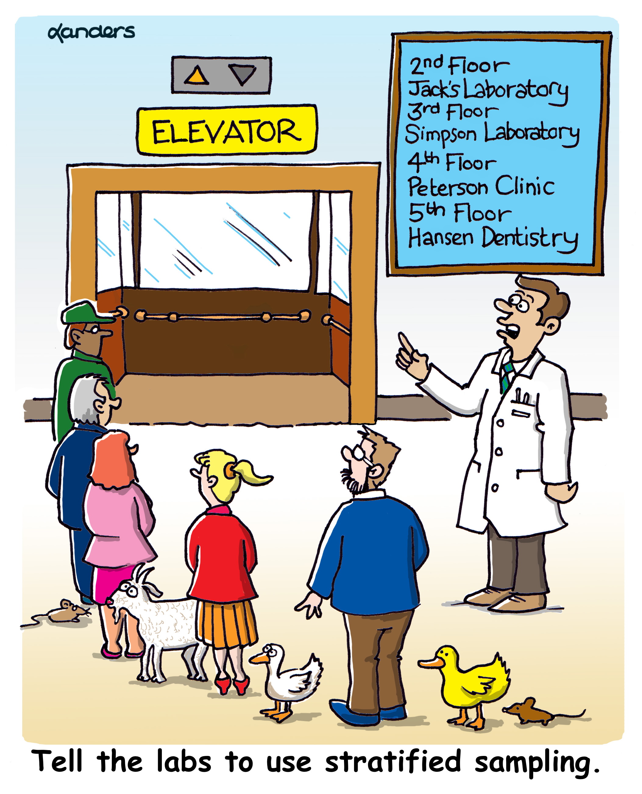 Cartoon showing people and various animals approaching an elevator