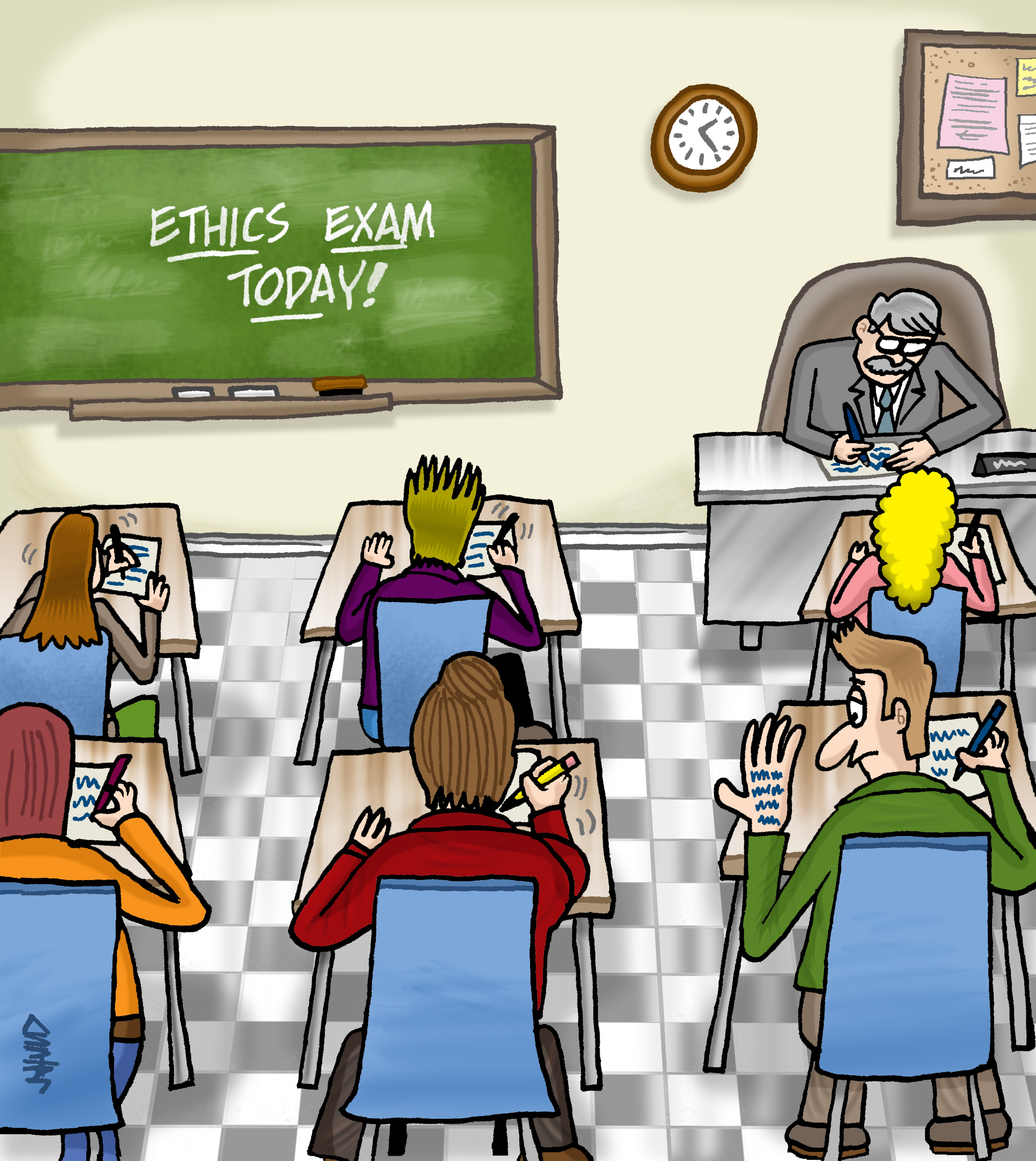 cartoon showing a class taking a test on Ethics and one student is ironically cheating