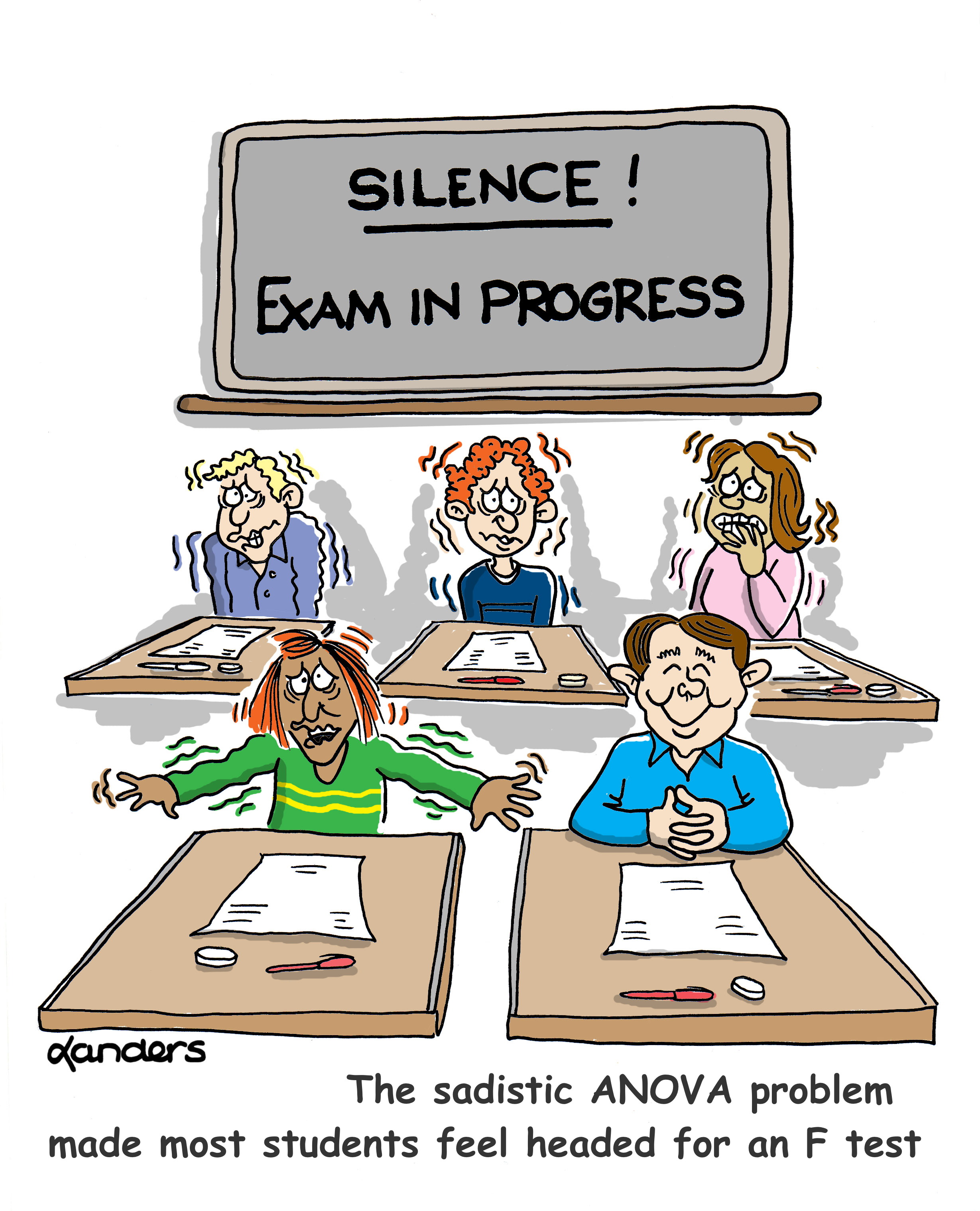 cartoon showing five students taking a test with 4 appearing very anxious and one appearing very calm
