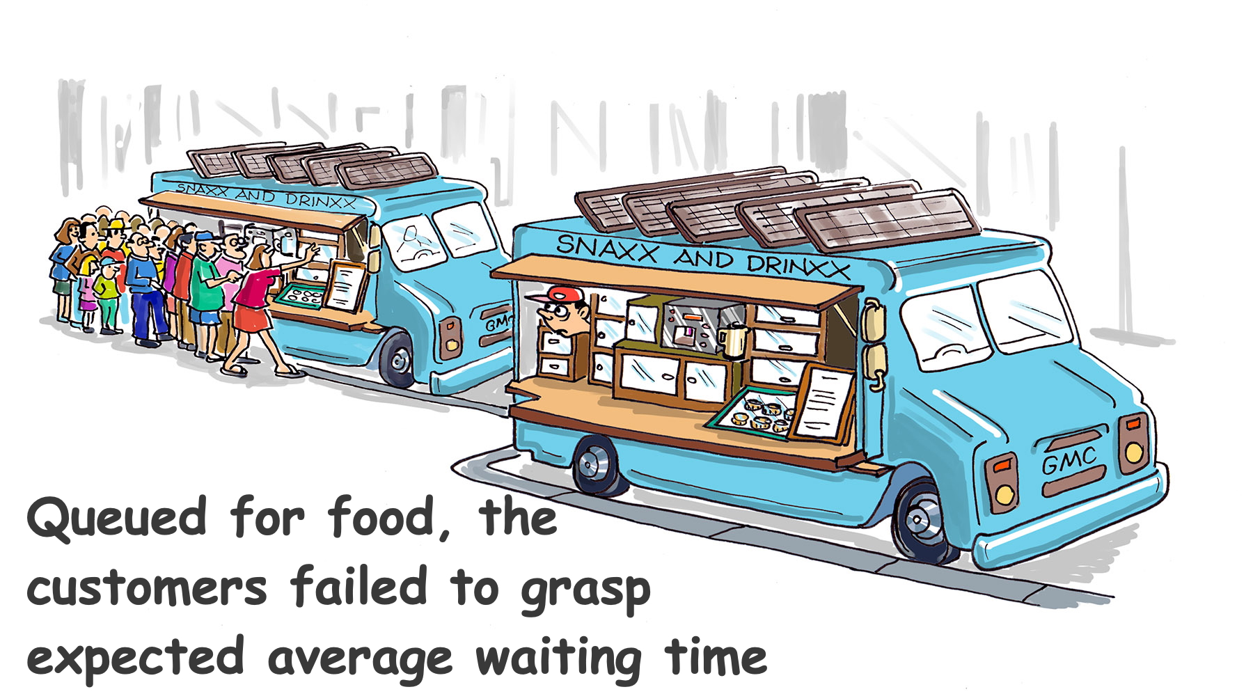 a cartoon with two identical food trucks, but one has a long line of customers and the other has none