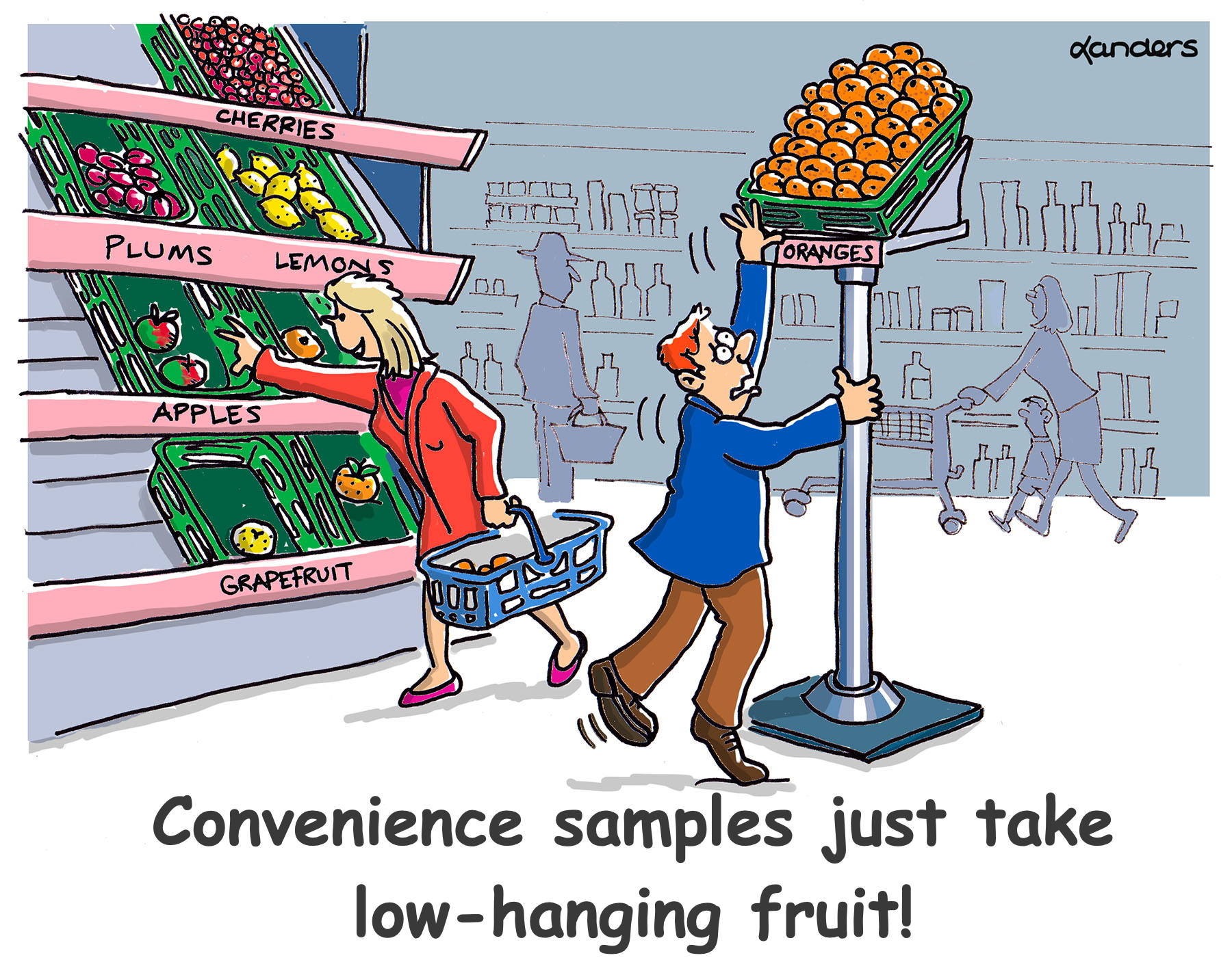 a cartoon showing fruit area of a grocery store with some fruit very hard to reach