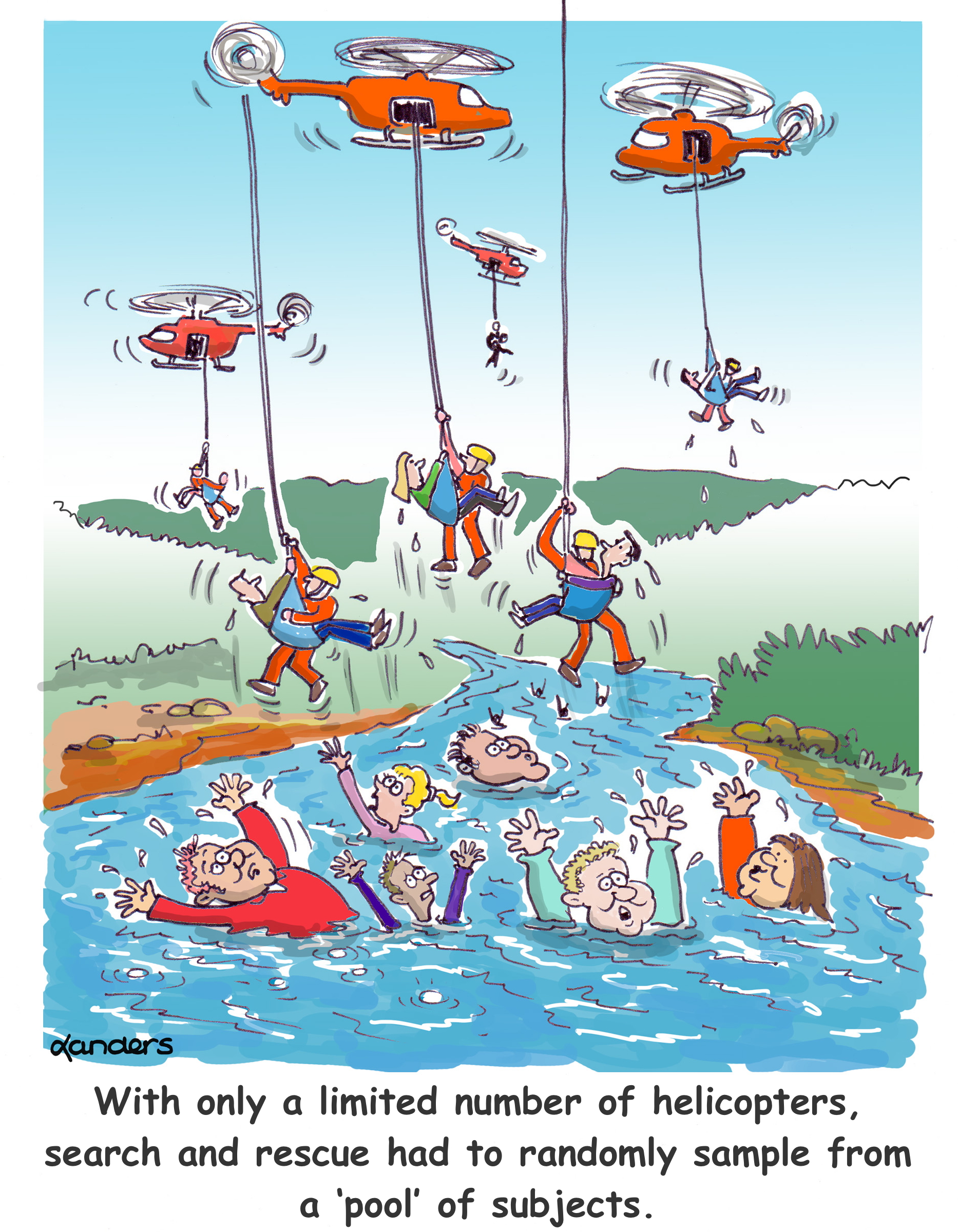 cartoon showing helicopter rescue of drowning people with caption