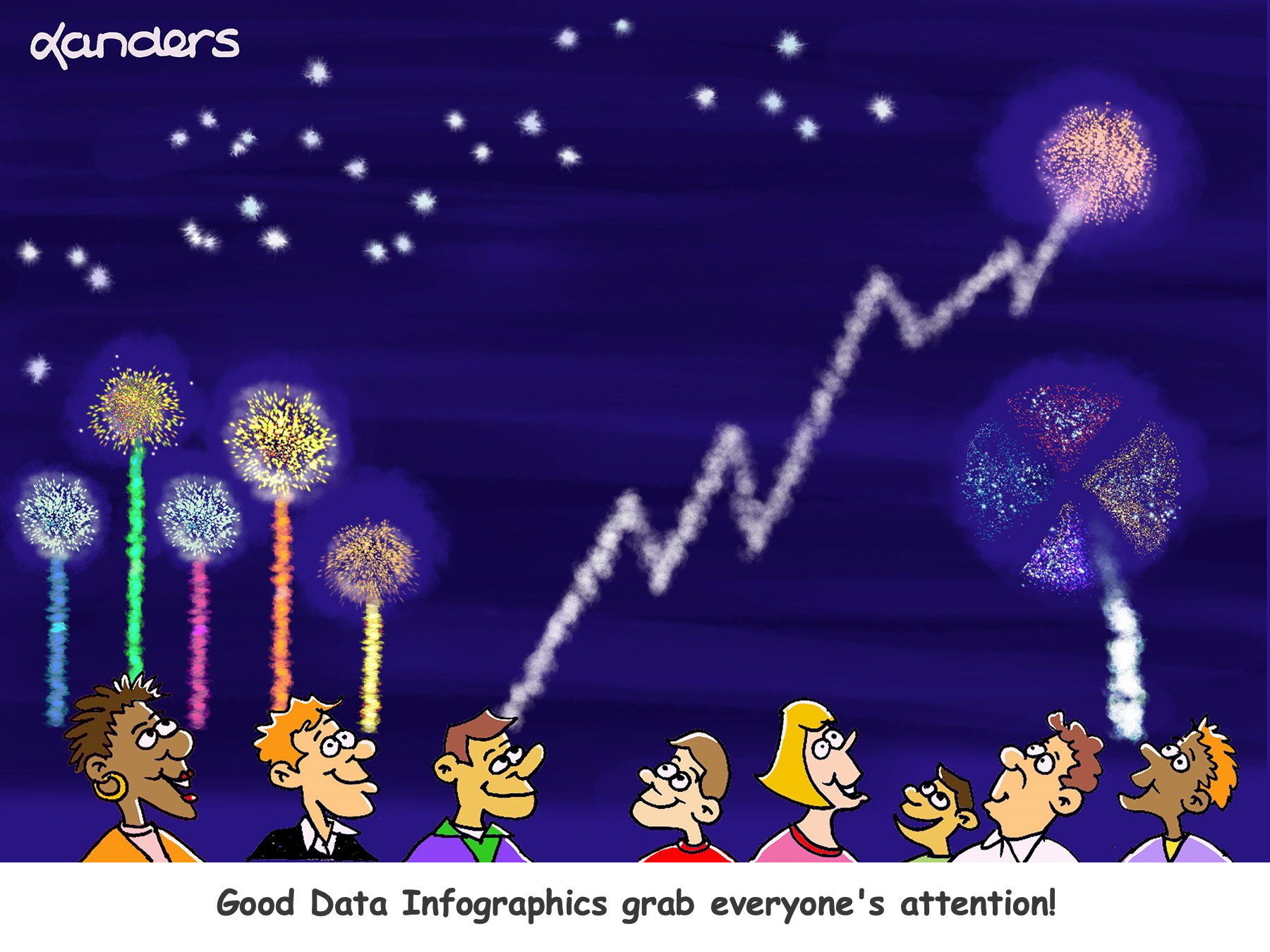cartoon of people watching fireworks but the fireworks look like statistical graphs. The caption reads "Good Data Infographics grab everyone's attention!"