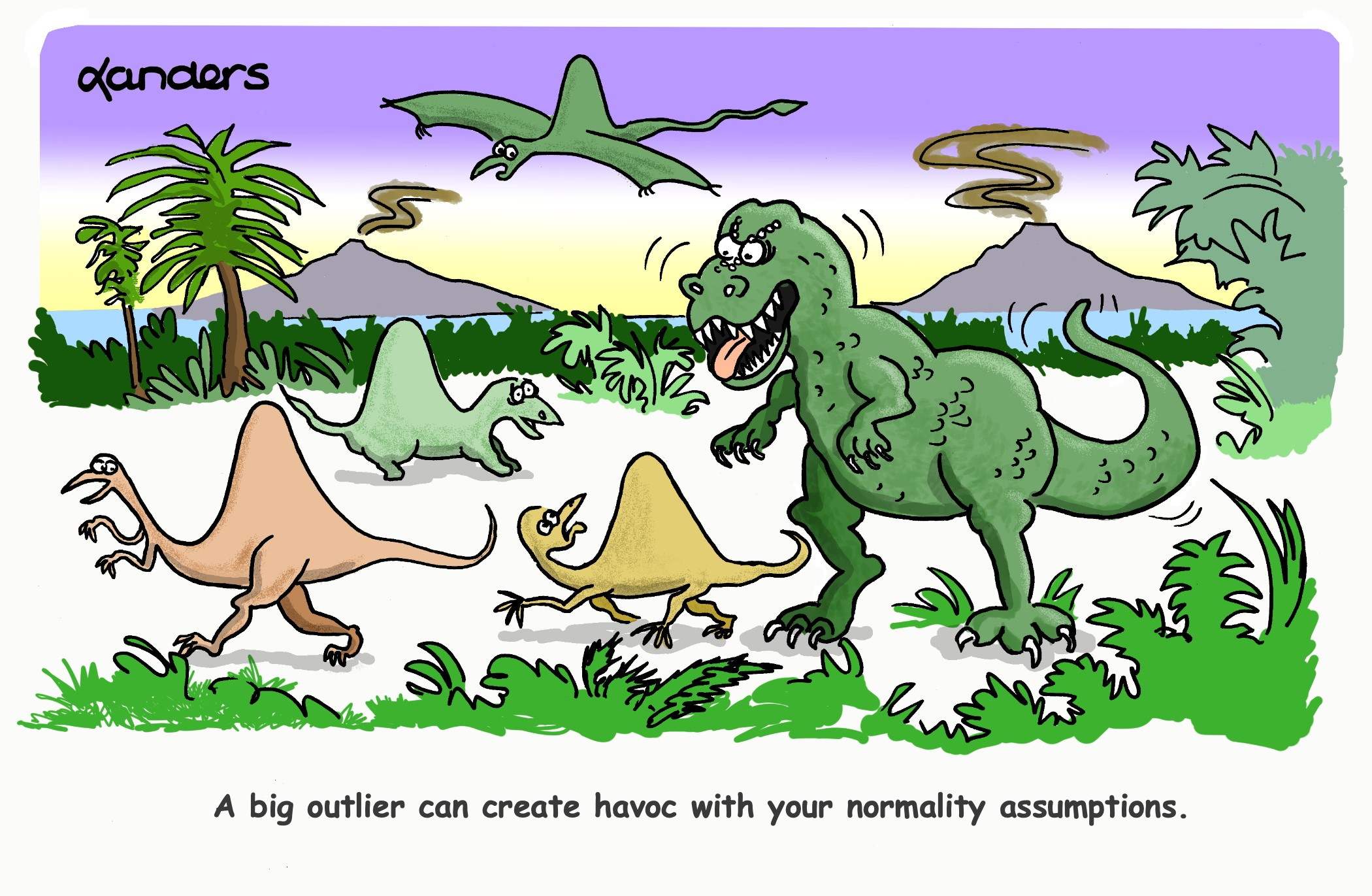 Cartoon shows predator dinosaur chasing smaller ones whose backs look like histograms. The caption reads "A big outlier can create havoc with your normality assumptions"