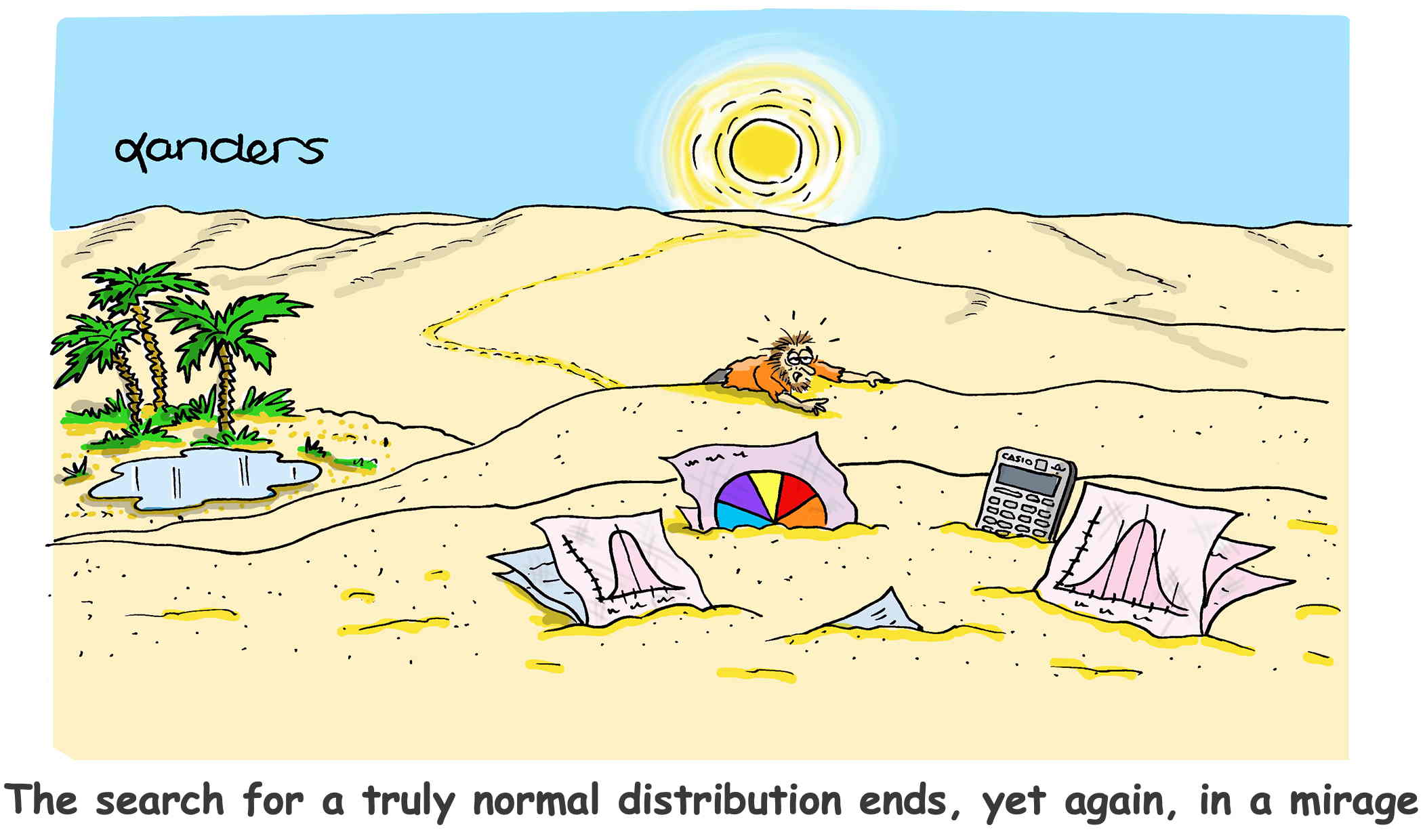 cartoon showing man crawling in desert and coming upon an Oasis filled with old style graphs (pie charts, normal curve pictures, and an old calculator. Caption says: The search for a truly normal distribution ends, yet again, in a mirage