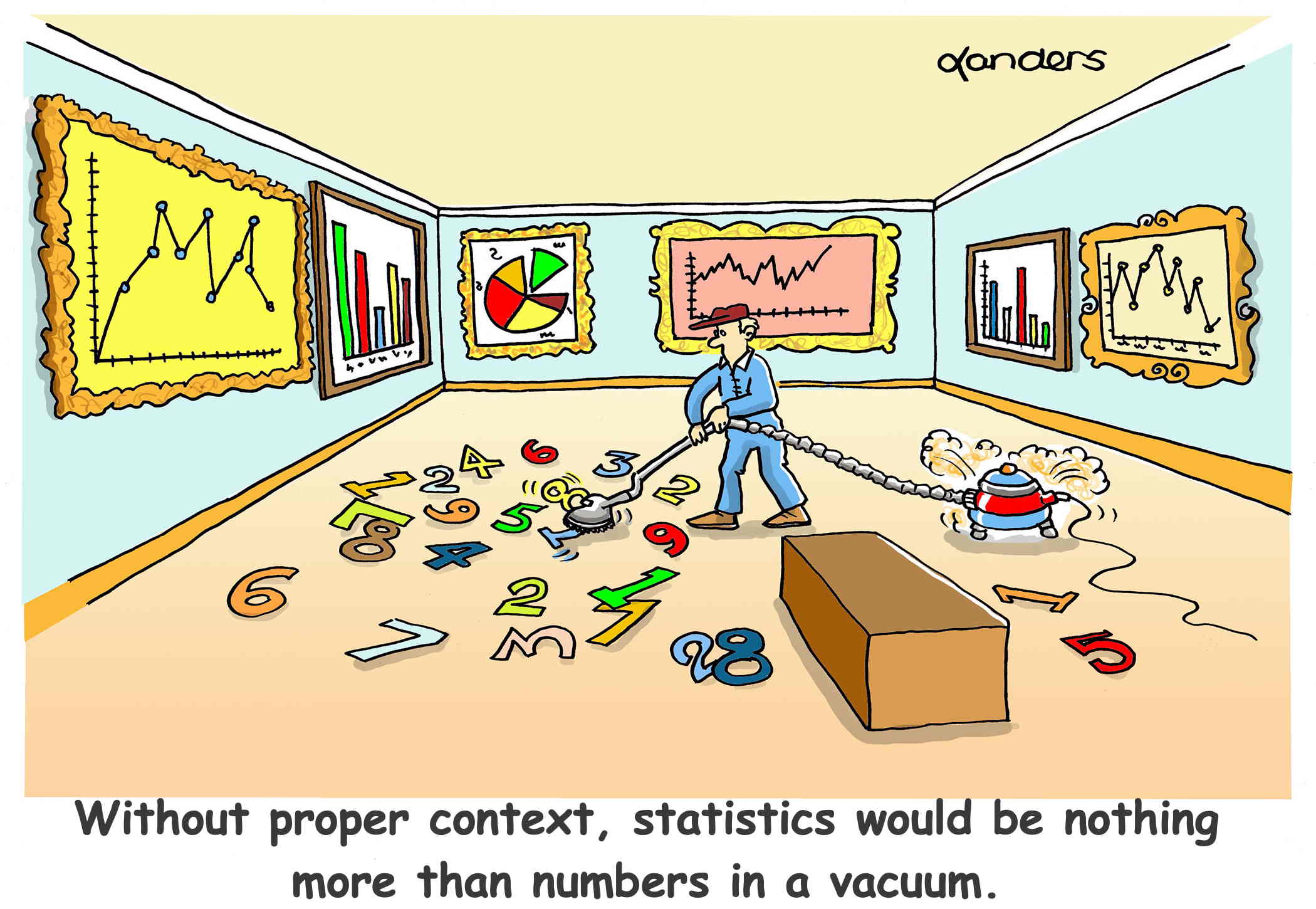 cartoon showing museum with graphs on the wall and janitor is vacuuming up numbers off the floor.  Caption says: "Without proper context, statistics would be nothing more than numbers in a vacuum."