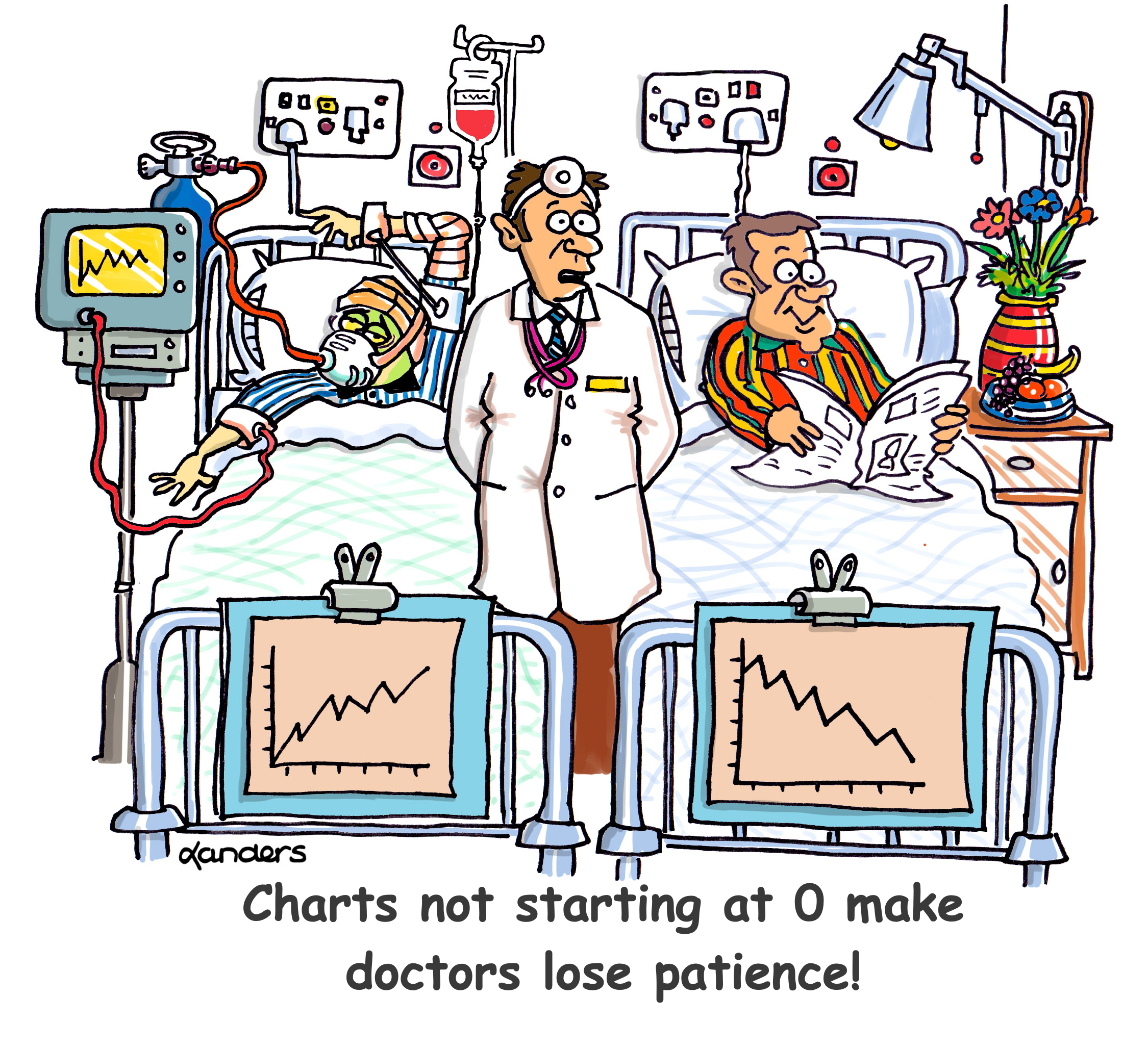 a cartoon showing two patients in a hospital with graphs about their status on their beds
