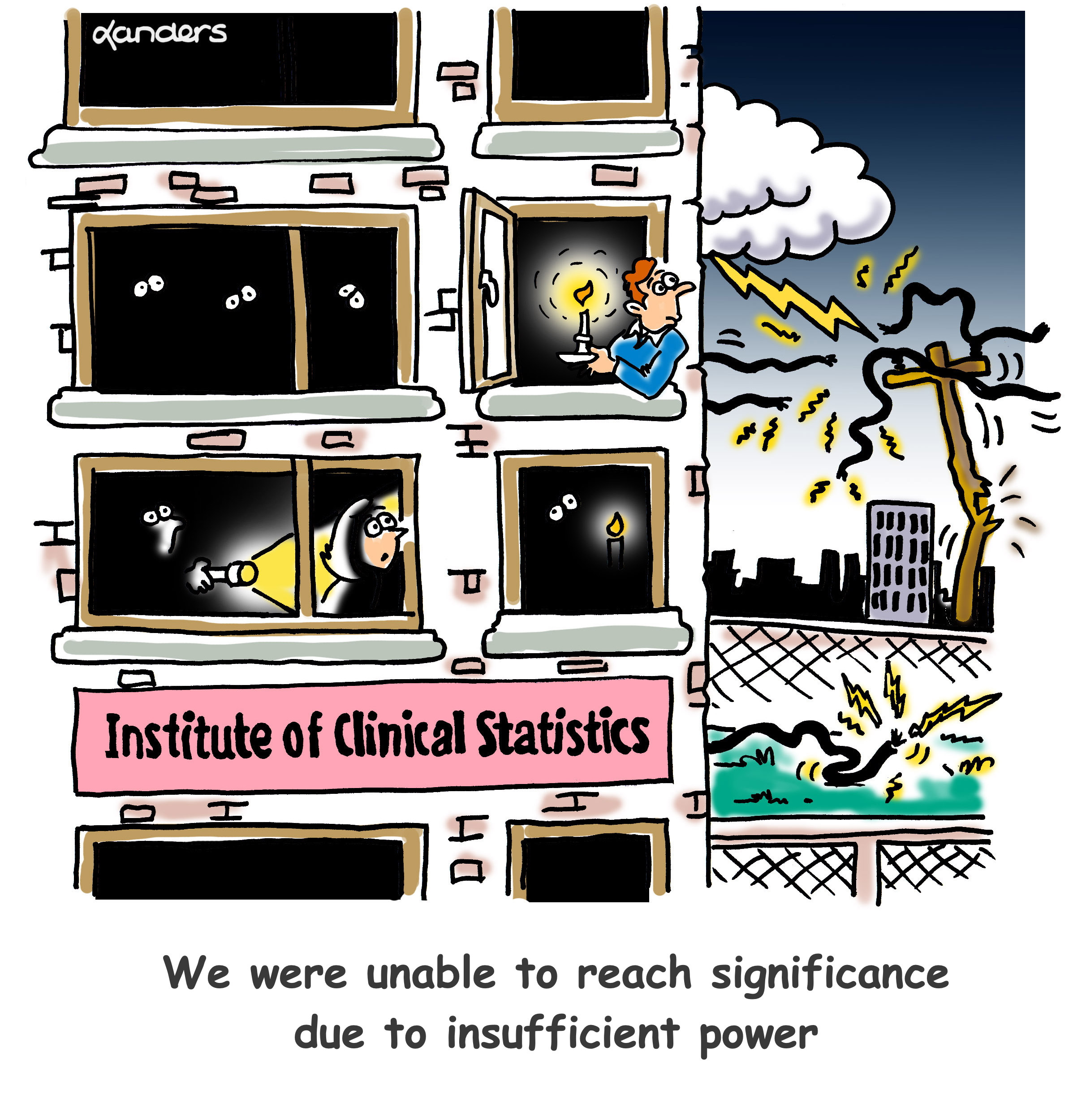 cartoon showing a power outage at a statistics institute