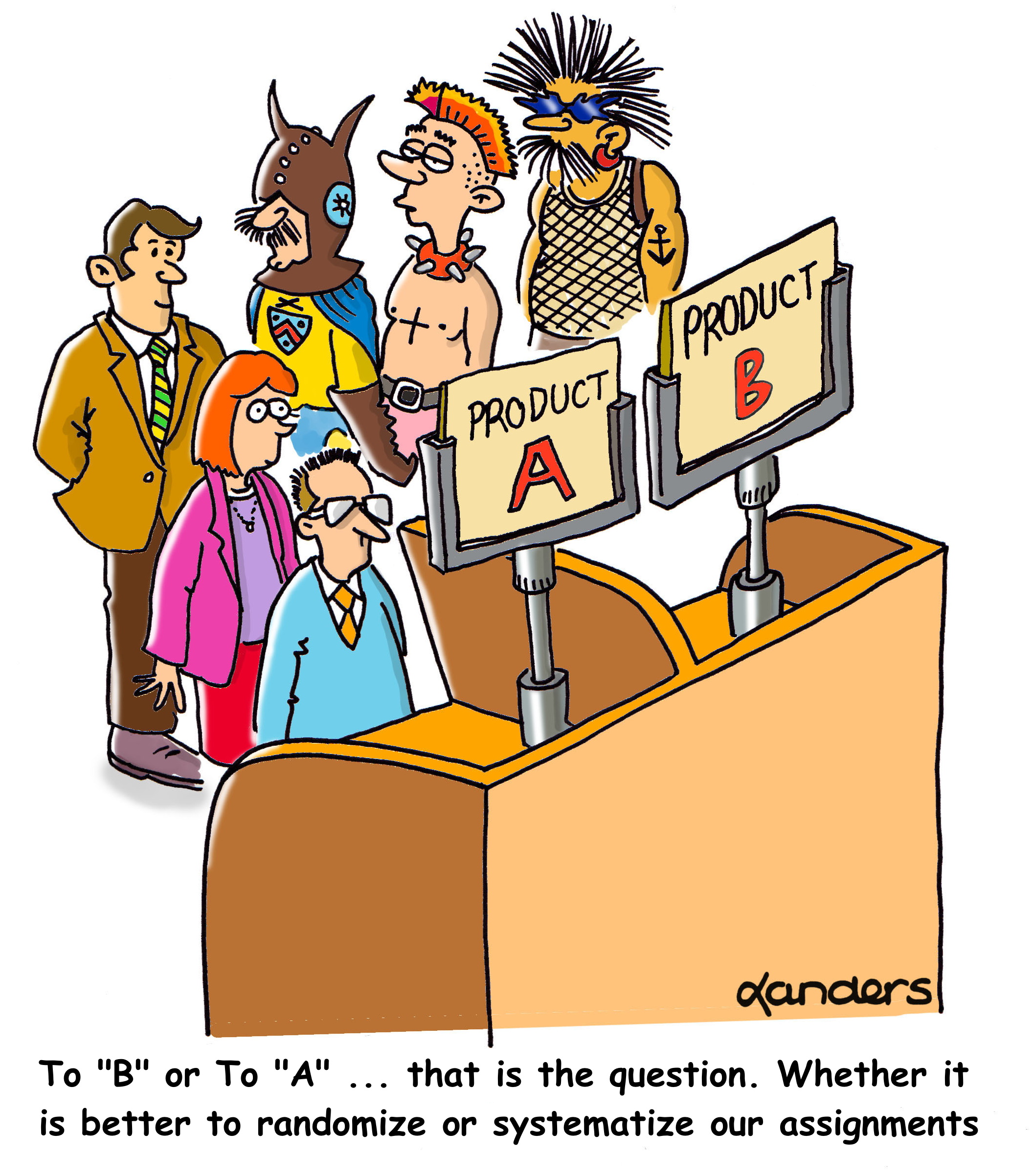cartoon showing product testing booth with 3 conservatively dressed and 3 wildly dressed subjects 