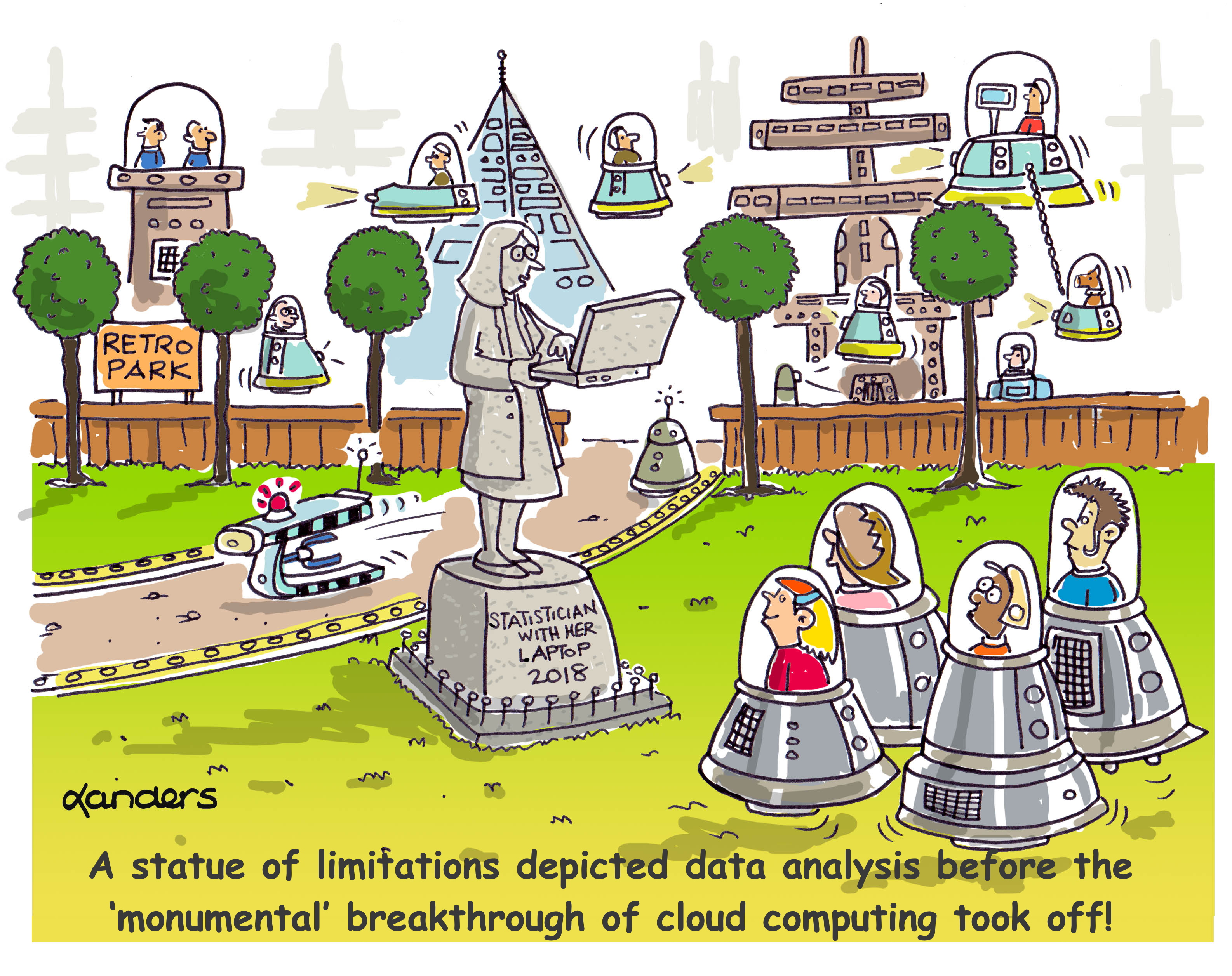 a cartoon showing a statue of a statistician in a 23rd century park