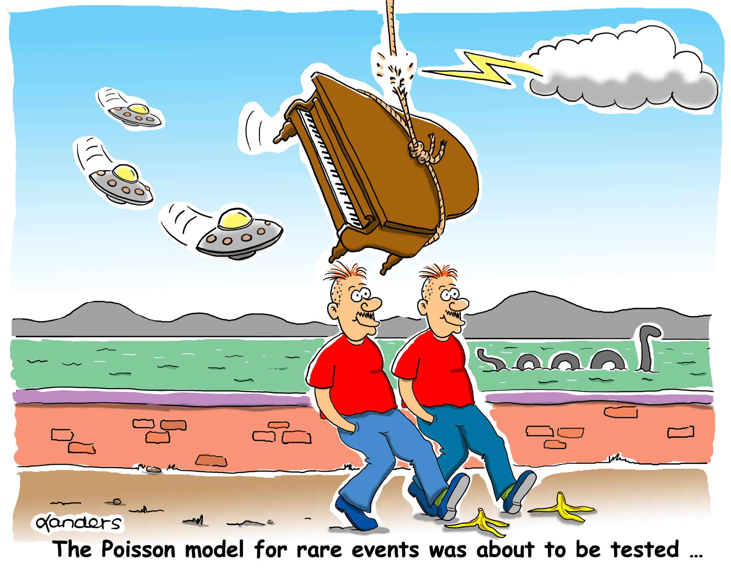 cartoon showing unusual circumstances and punch line about Poisson model
