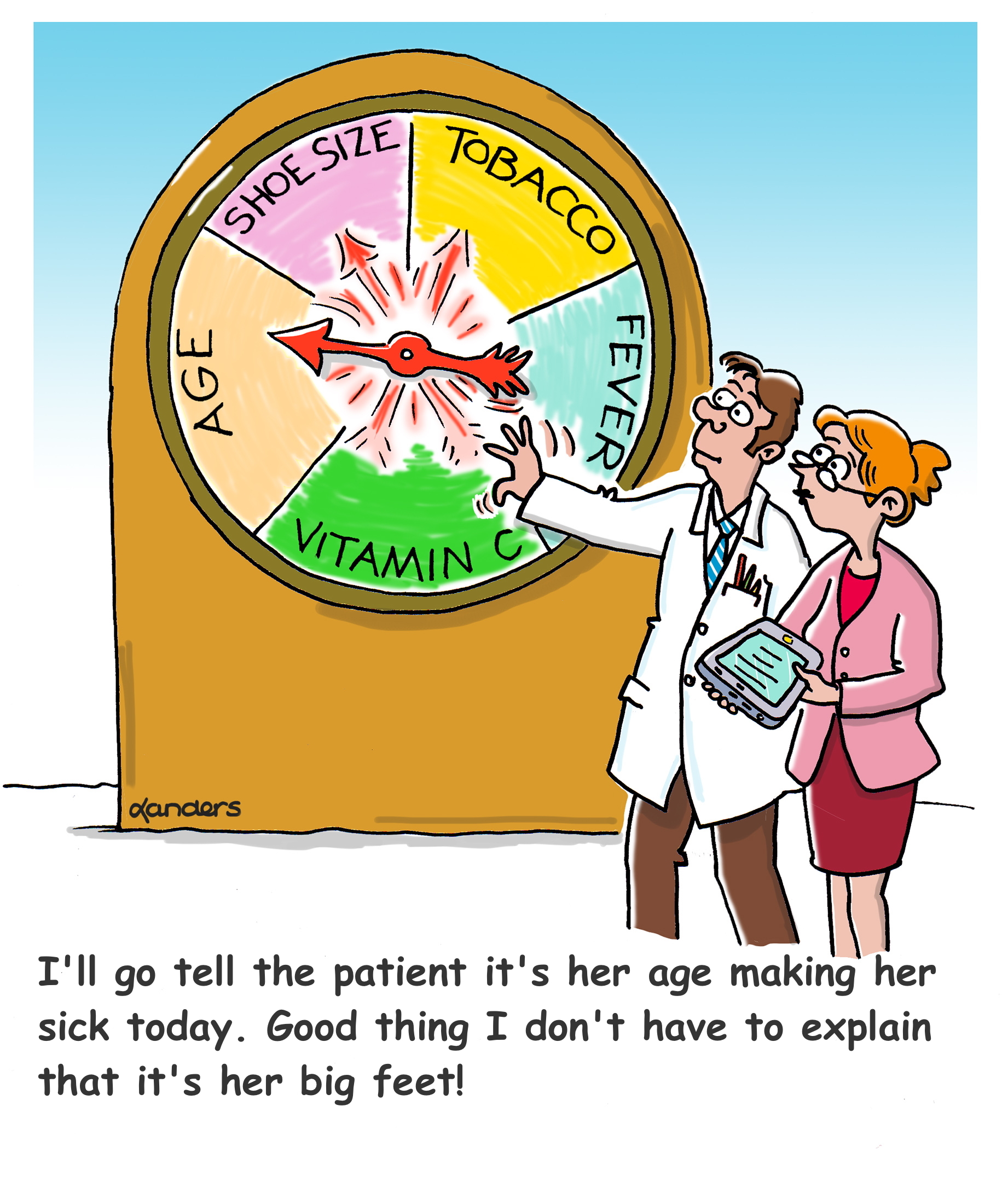 cartoon showing spinner with variable names and caption