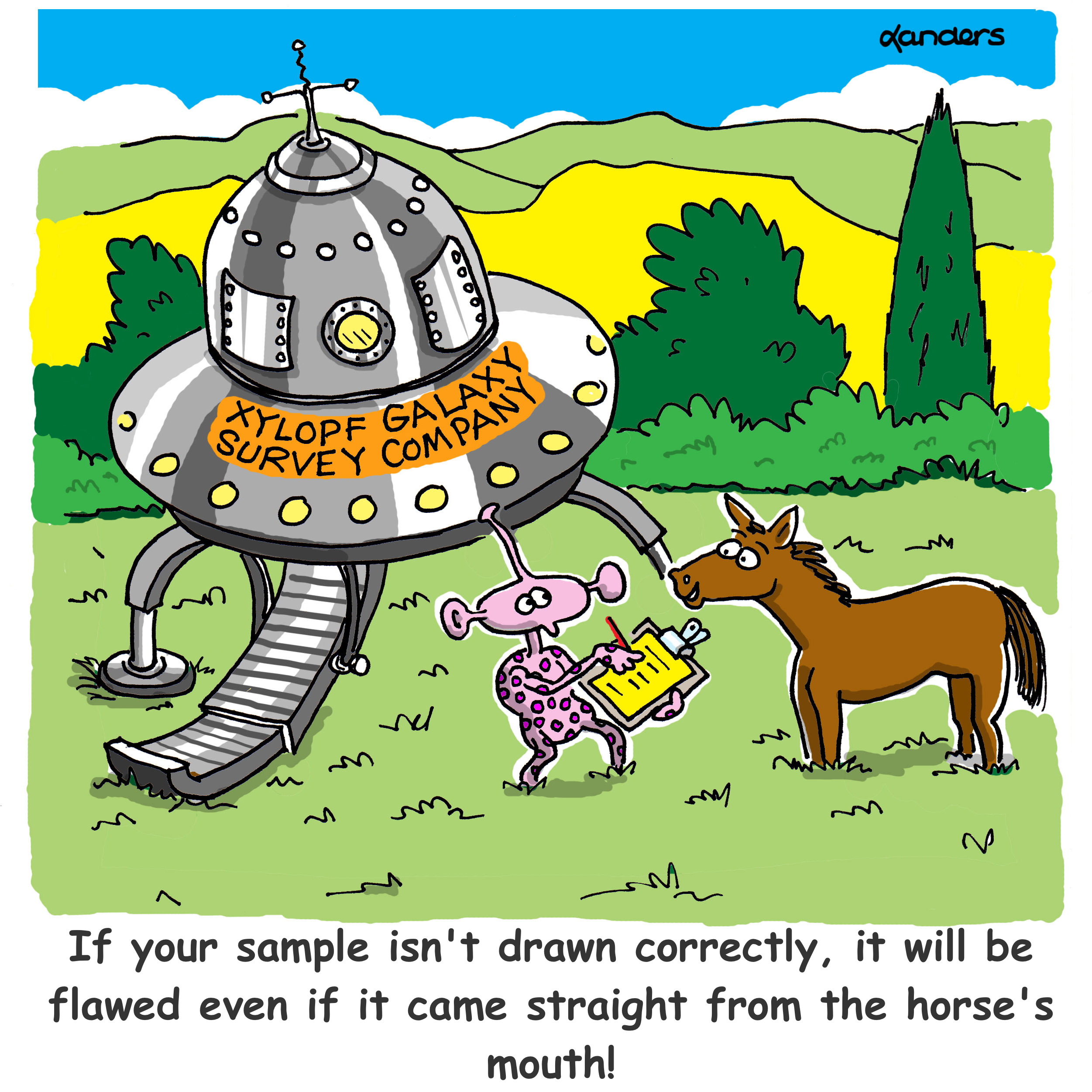 a cartoon showing an alien from the "XYLOPH survey company" interviewing a horse