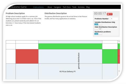 Screenshot of the distributome.org probability Models Game